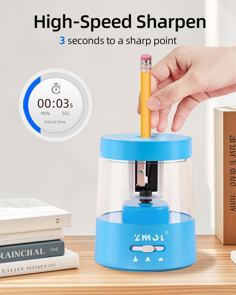 Zmol Colored Pencil Electric Sharpener, Auto Stop, Plug-in Small Electric Sharpener Battery Powered for 6-8mm No. 2 Pencils Blue - Image 5